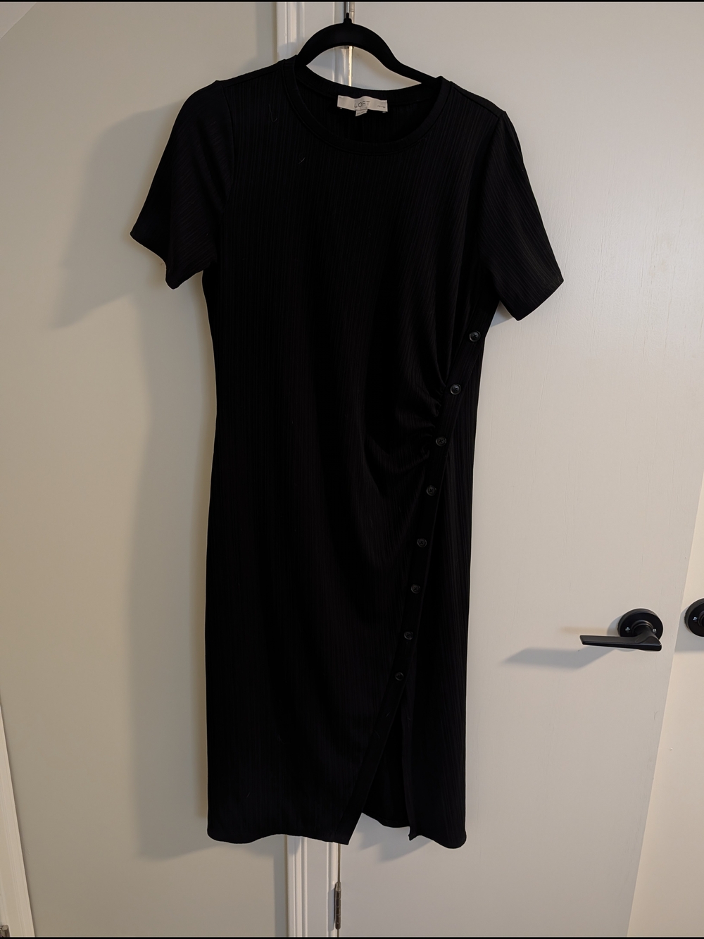 LOFT Black Short-Sleeve Button-Detail Midi Dress